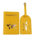 Yellow PU leather passport holder and luggage tag set with world map design for travel. - Passport Holder And Luggage Tag / Lemon Yellow