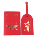 Red PU Leather Passport Cover and Luggage Tag Set with Gold World Map Travel Accessories - Passport Holder And Luggage Tag / Red
