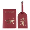 Red PU Leather Passport Holder and Luggage Tag Set with Gold World Map Print Variant - Passport Holder And Luggage Tag / Burgundy