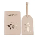 PU leather passport cover and luggage tag set with gold world map design for travel. - Passport Holder And Luggage Tag / Khaki