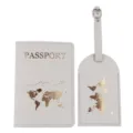 Grey PU leather passport holder and matching luggage tag travel set with gold map design. - Passport Holder And Luggage Tag / Light Gray