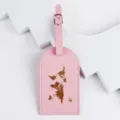 Etichetta per valigia in pelle PU rosa con mappa del mondo glitterata dorata e cinturino da viaggio. - Rosa