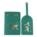 Green PU leather passport cover and luggage tag set with gold world map design travel accessories - Passport Holder And Luggage Tag / Green