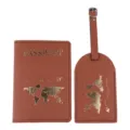 Brown PU leather passport cover and luggage tag set featuring a stylish gold world map design. - Passport Holder And Luggage Tag / Brown