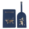 Blue PU leather passport cover and luggage tag travel set with gold world map design pattern. - Passport Holder And Luggage Tag / Navy Blue
