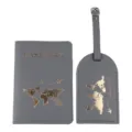 Grey PU Leather Passport Holder and Luggage Tag Set with Gold World Map and Airplane Print - Passport Holder And Luggage Tag / Dark Gray