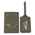 Green PU leather passport cover and luggage tag travel set with elegant gold world map design. - Passport Holder And Luggage Tag / Army Green