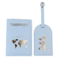 Light blue PU leather passport holder and luggage tag set with gold foil world map design. - Passport Holder And Luggage Tag / Sky Blue
