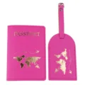 Hot pink PU leather passport holder and matching luggage tag set with gold world map. - Passport Holder And Luggage Tag / Rose Red