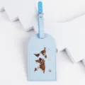 Etichetta bagaglio in pelle PU azzurro chiaro con stampa mappa del mondo dorata per viaggio. - Blu lago