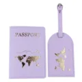 Purple PU leather passport holder and luggage tag set with gold world map design travel accessory - Passport Holder And Luggage Tag / Light Purple