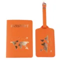 Orange PU leather passport holder and luggage tag set featuring a gold world map design variant. - Passport Holder And Luggage Tag / Orange