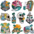 Retro Totenkopf Surfen bestickte Patches Hawaiische tropische Insel Stil Kleidung Abzeichen - Totenkopf Surfen Flicken Set (W26KLT-196-YT) / 10er Pack