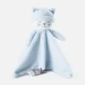Close-up detail of the soft blue cat security blanket with cute embroidered sleeping face. - Blue Gold