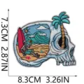 Detailed close up view of the vintage skull surfing embroidery patch with beach scenery. - Skull Surfing Style (W26KLT-22-03)