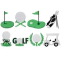 Vue detaillee de patchs brodes sur le theme du golf avec drapeaux, balles et voiture. - Ensemble d'Écussons Brodés de Golf (8 Pièces) / Lot de 8 / Noir