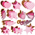 Pink embroidered patches set featuring hearts, stars, bows and cheer designs for DIY clothing. - X27SD-398-YT Set of 36
