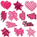 Pink embroidered patches set featuring hearts stars and cheer letters for DIY clothing decor - X27SD-265-YT Set of 24 - Rose Red