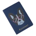 Funda de pasaporte de cuero azul con lindo patrón de bulldog francés y letras doradas ideal - Bulldog con Gafas de Corazón / Azul marino