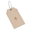 Etichetta bagaglio in pelle beige con cavo d'acciaio e ciondolo aereo dorato per valigia. - Kaki