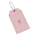 Etichetta per valigia in pelle rosa con ciondolo aereo dorato e cavo in acciaio per bagagli. - Rosa