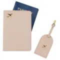 Set copri passaporto e etichetta valigia in pelle PU beige con dettagli dorati - Kaki