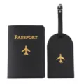 Black PU leather passport cover and luggage tag set with gold embroidery airplane detail. - Black