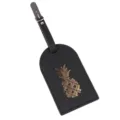 Etichetta per valigia in pelle nera con design ananas dorato, targhetta ID viaggio resistente. - Nero