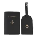 Set porta passaporto ed etichetta valigia in pelle PU nera con icona aereo dorata accessori viaggio - Nero