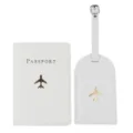 Set da viaggio con porta passaporto ed etichetta per valigia in pelle PU con aereo dorato. - Bianco