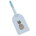 Etichetta per bagagli in pelle blu con ananas dorato, accessorio da viaggio resistente. - Azzurro