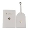 Set copri passaporto ed etichetta valigia in pelle PU grigio chiaro con aereo dorato. - Grigio chiaro