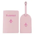 Pink PU leather passport holder and luggage tag set with cute embroidered airplane design. - Pink