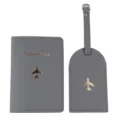 Set copripassaporto ed etichetta per bagaglio in pelle PU grigia con accessori viaggio aereo. - Grigio scuro