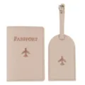 Beige PU leather passport holder and luggage tag set with cute airplane embroidery for travel. - Khaki