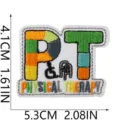 Detailed view of the colorful PT letter physical therapy embroidered iron-on patch design. - Wheelchair Icon Style (W34ZM-09-15)