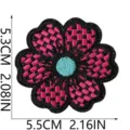 Close-up detail of the pink and black checkered embroidered flower patch with blue center, 5.3x5.5cm size. - Pink and Black Plaid Floral Style (C28TQ-105-04)