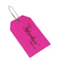Etichetta per bagaglio in pelle PU rosa con cavo in acciaio, design avventura di viaggio. - Rosso rosa