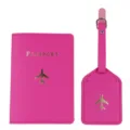 Hot pink leather passport cover and luggage tag set with gold foil airplane pattern. - Two-Piece Set / Rose Red