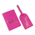 Hot pink PU leather passport holder and luggage tag travel set with gold foil quote design. - Rose Red