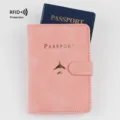 Pink PU leather RFID blocking travel passport holder and organizer wallet for documents - Plane Embossing Style (240907-1) / Pink-2