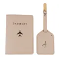 Close-up of beige passport cover and luggage tag set with airplane pattern and passport text. - Two-Piece Set / Khaki