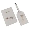 PU leather passport cover and luggage tag set with travel quote design for travelers. - Light Gray
