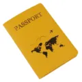 Gelbe PU-Leder Reisepasshülle mit Weltkarte Druck Dokumentenkarte Reisedeckel Organizer. - Kurkuma