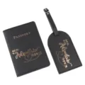 Black PU leather passport cover and luggage tag set, travel wallet organizer accessory. - Black