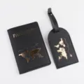 Set copri passaporto e etichetta bagaglio mappa del mondo nero oro, porta documenti. - Portapassaporto E Etichetta Per Bagagli / Nero