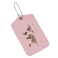 Etichetta per valigia in pelle rosa con motivo mappa del mondo dorata e cavo in acciaio. - Rosa
