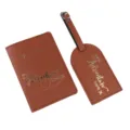 Brown PU leather passport holder and luggage tag set with gold foil travel quote design. - Brown