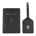 Set porta passaporto e etichetta bagaglio in pelle nera con aereo dorato per viaggio - Set di 2 pezzi / Nero