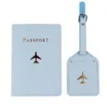 Light blue leather passport cover and luggage tag set with gold foil airplane pattern travel. - Two-Piece Set / Light Blue